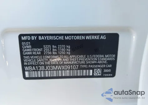 2021 BMW 530I xDrive из США, поврежденный, VIN WBA13BJ03MWX09107